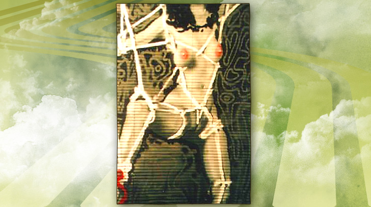 Bild einer gefesselten jungen nackten Frau, mit Acrylfarben auf eine Aluminiumjalousie gesprüht.