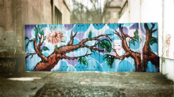 Graffitibild auf einem Wellblechtor einer Leipziger Schule